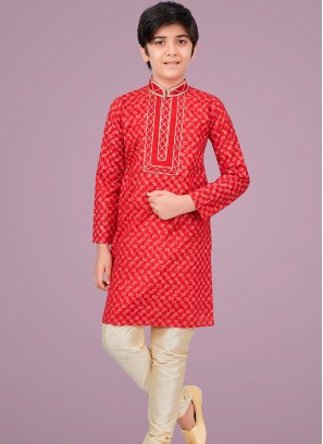 Red cottan silk Indo Western Suit for Boys.