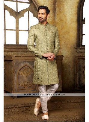 Light Mehendi Navabi Indo Western Embroidered Art Banarasi Silk Sherwani with Art Silk Aligadhi Bottom.