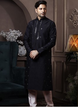 Black Silk Kurta Pajama with Off-White PolySilk Tr