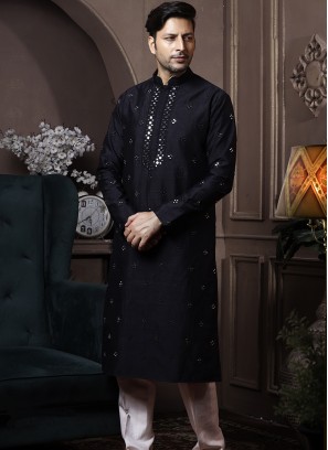 Black Silk Kurta Pajama with Off-White PolySilk Trouser.