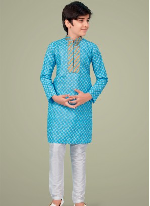 Sky Blue cotton silk Indo Western Suit for Boys.