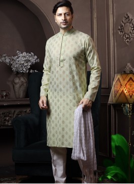 Light Pista Silk Kurta Pajama with Off-White ArtSilk Trouser.