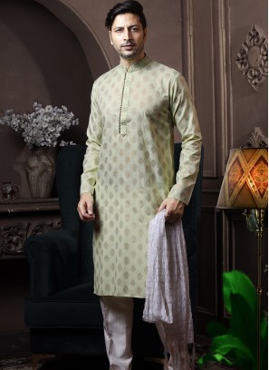 Light Pista Silk Kurta Pajama with Off-White ArtSilk Trouser.