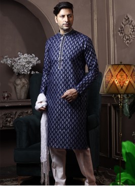 Navy Blue Silk Kurta Pajama with Off-White ArtSilk Trouser.