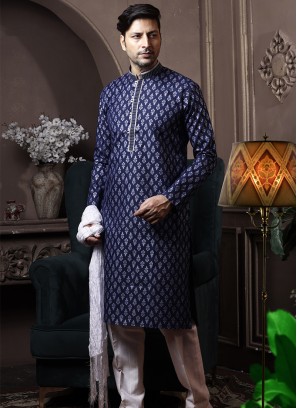 Navy Blue Silk Kurta Pajama with Off-White ArtSilk Trouser.