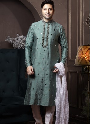 Light Mehndi Silk Kurta Pajama with Off-White PolySilk Trouser.