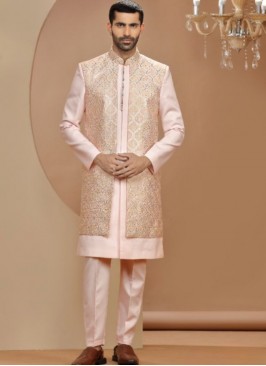 Light Pink Raw Silk Embroidery Indowestern Suit