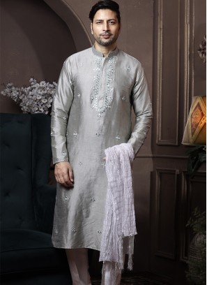 Light Pista Silk Kurta Pajama with Off-White PolySilk Trouser.