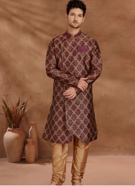 Wine and Chikoo Set with Jaqard Top and Art Silk Trousers Semi Sherwani.