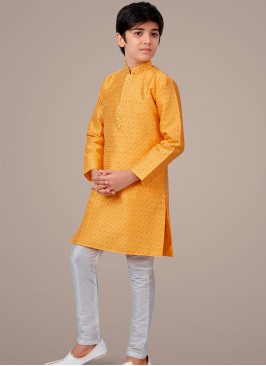 Yellow jaquard Indo Western Suit for Boys.