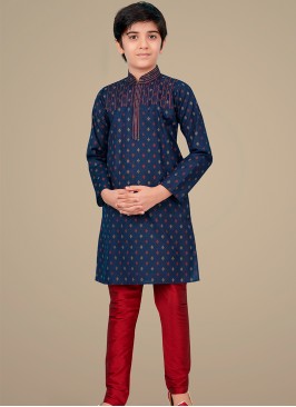 Navy Blue cotton silk Indo Western Suit for Boys.