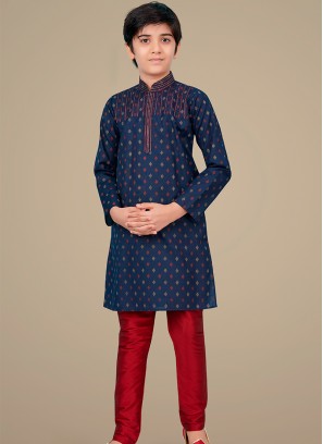 Navy Blue cotton silk Indo Western Suit for Boys.