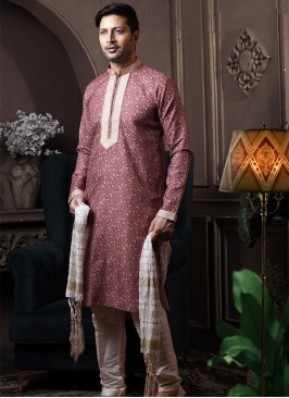 Marron Silk Kurta Pajama with Cream ArtSilk Trouser.