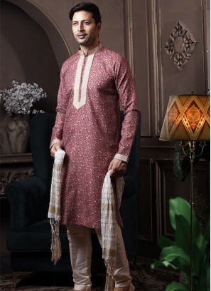 Marron Silk Kurta Pajama with Cream ArtSilk Trouser.