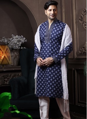 Navy Blue Silk Kurta Pajama with Off-White ArtSilk Trouser.