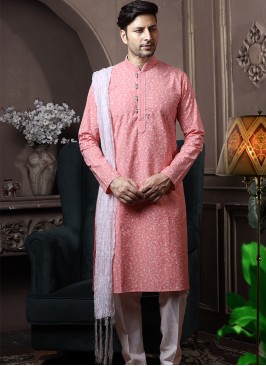 Light Peach Silk Kurta Pajama with Off-White ArtSilk Trouser.