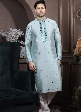 Light Pista Silk Kurta Pajama with Off-White PolySilk Trouser.