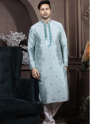 Light Pista Silk Kurta Pajama with Off-White PolySilk Trouser.