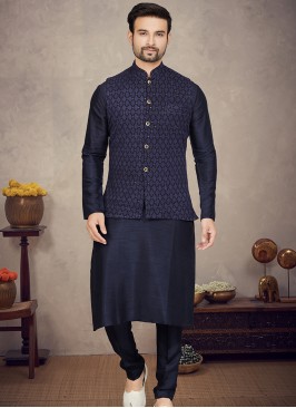 Navy Blue Elegance: Tussar Silk Kurta Trouser Jacket Ensemble