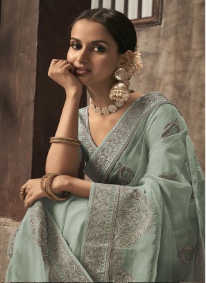 Light Sea Green Colour Organza Saree