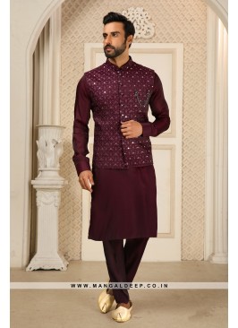 Royal Regalia Wine Men's Embroidered Kurta Pyjama with Mirror Work Jacket Set