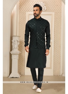 Royal Regalia Bottle Green Men's Embroidered Kurta Pyjama with Mirror Work Jacket Set