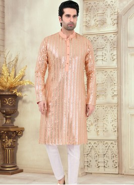 Peach and Off-White Georgette Kurta Pajama Set wit