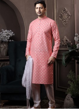 Light Peach Silk Kurta Pajama with Off-White ArtSilk Trouser.