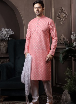 Light Peach Silk Kurta Pajama with Off-White ArtSilk Trouser.