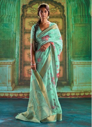 Linen Aqua Blue Traditional Designer Saree