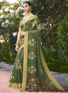 Linen Green Digital Print Classic Saree