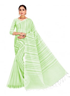 Linen Saree In Green Color