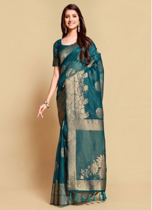 Linen Woven Blue and Teal Saree