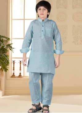 Little Sky Blue Marvel - Boys' Cotton Silk Pathani Suit.