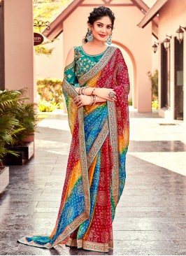 Lively Bandhej Multi Colour Chiffon Designer Saree