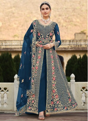 Lively Navy Blue Cord Net Trendy Salwar Kameez