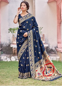 Lively Navy Blue Weaving Banarasi Silk Designer Traditional Saree