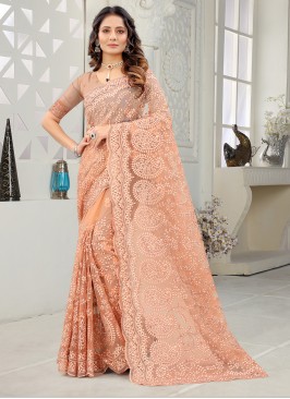 Lively Peach Embroidered Net Designer Saree