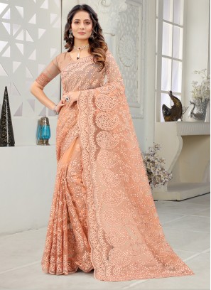 Lively Peach Embroidered Net Designer Saree