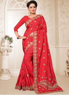 Lively Red Embroidered Art Silk Designer Traditional Saree