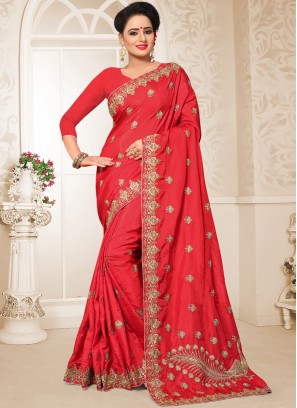 Lively Red Embroidered Art Silk Designer Traditional Saree