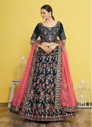 Lively Silk Cord Teal A Line Lehenga Choli