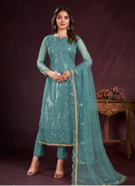 Lively Thread Turquoise Cotton Trendy Salwar Suit