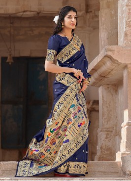 Lively Weaving Navy Blue Classic Designer Saree