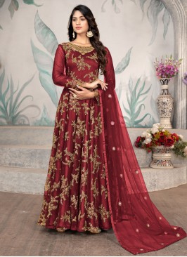 Long Length Anarkali Suit Sequins Net in Maroon