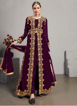 Long Length Designer Suit Embroidered Faux Georgette in Purple