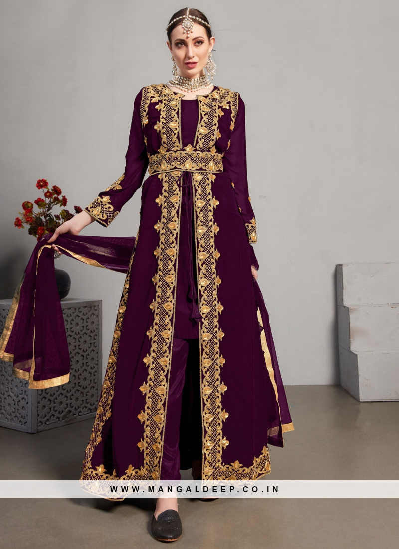 Long Length Designer Suit Embroidered Faux Georgette in Purple