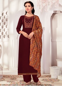 Long Length Salwar Suit Embroidered Rayon in Maroon