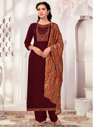 Long Length Salwar Suit Embroidered Rayon in Maroon