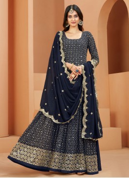 Long Length Trendy Salwar Suit Resham Faux Georgette in Navy Blue